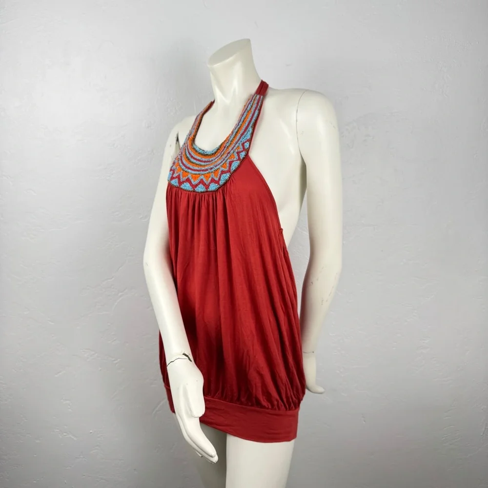 Vintage Y2K Twenty One Beaded Halter Top Micro Mini Dress Size Small Boho Fairy - Picture 1 of 11